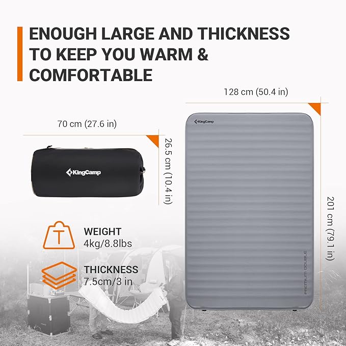 KingCamp Self Inflating Camping Pad, Ultra 6" Thick or Ideal 3" Thcik High R Value Air & Foam Camping Mattress, Full Size Double Sleeping Pad 2 Person for Camp Tent Outdoor Car, Multi Colors, PVC Free