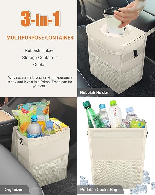 Car Trash Can with Lid, Cute Leakproof Car Trash Garbage Bag Hanging Vehicle Trash Bin Small Portable Automotive Garbage Cans Organizer for Back/Front Seat/Console(2.8 Gallons,Beige