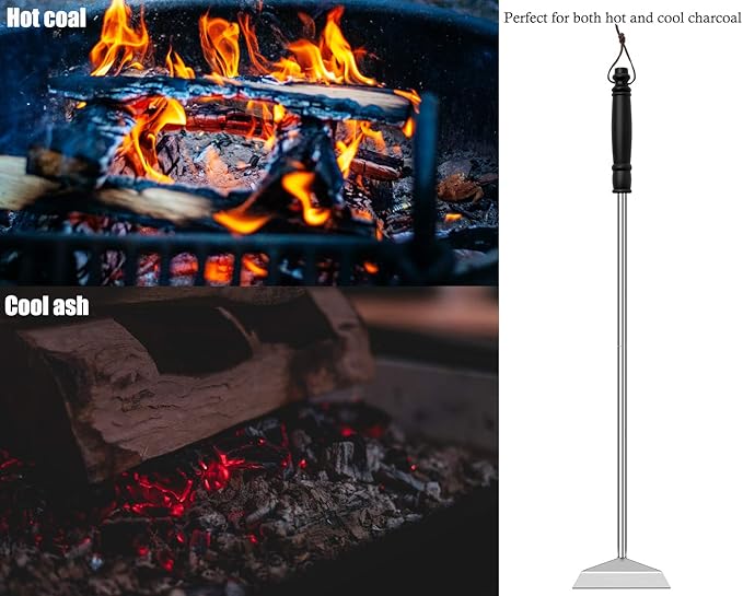 Charcoal Grill Ash Rake Hoe for Fireplace Wood Stove Pizza Oven, Stainless Steel BBQ Cleaner Poker Scraper, Elongated Cleaning Tool Accessories for Smoker, Ceramic, Kamado, Vision Grills
