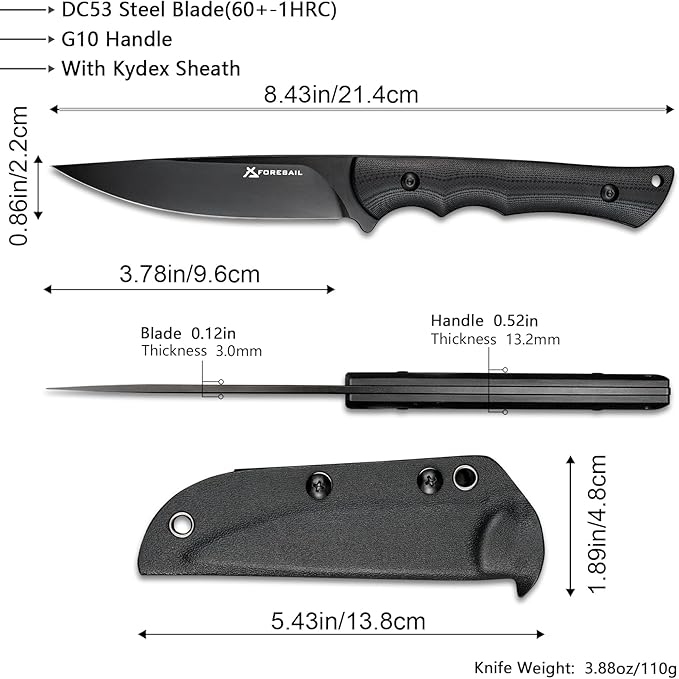 Fixed Blade Knife,3.86inch DC53 Steel Blade and G10 Handle,with Kydex Sheath,Fixed Blade EDC Tactical Knife for Men Women, Outdoor Hunting Hiking Survival Camping Knives.