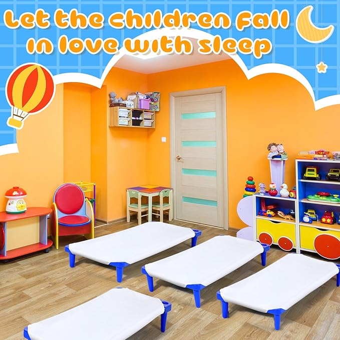 8 Pcs Stackable Daycare Cots for Kids with Sheets 54" l x 23" W T Kids Cots Furniture Bed Frames Headboards Footboards for Sleeping and Daycare (Blue)