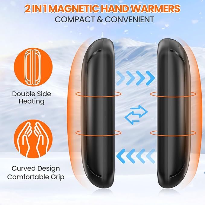 2 Pack Hand Warmers Rechargeable, 2025 New Portable Magnetic Electric with 12hrs Warmth, Double-Sided Heating Pocket Size for Outdoors, Camping - Winter Gifts for Women Men