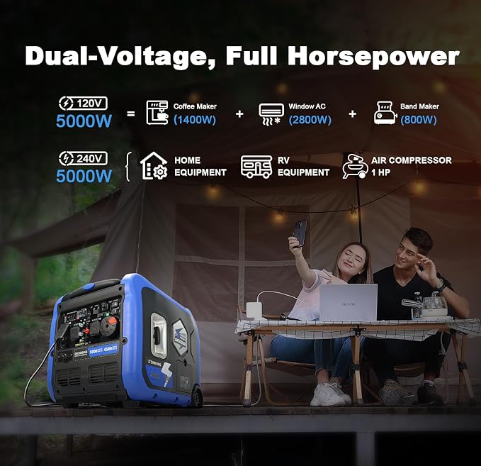 DK 5000W Gas Inverter Generator, Electric Start, 120V 240V Full Power Output, Dual or Tri-fuel Conversion Possible, Wheel & Handle Kit, for Outage Home Backup Power Tool (DK5000iE)…