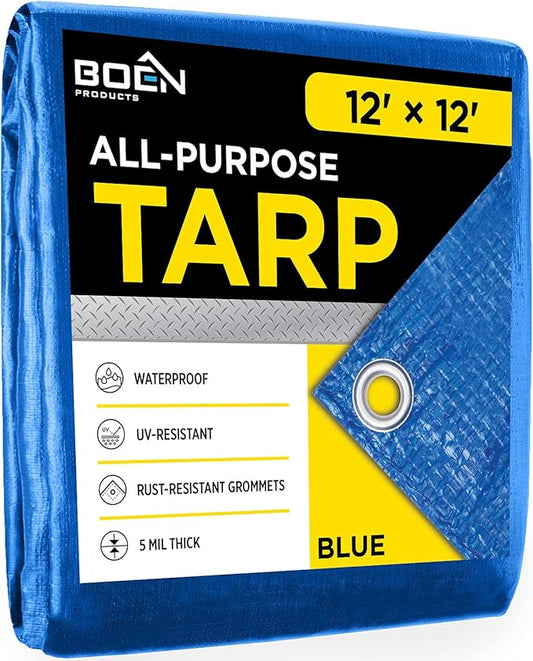 Multi-Purpose Large Tarp Waterproof Cover | Blue, 12' x 12' 5 Mil Thick | Rip Proof Tarps | Thick Weave Material, UV Resistant Great for Tarpaulin Canopy Tent, Boat, RV or Pool Cover