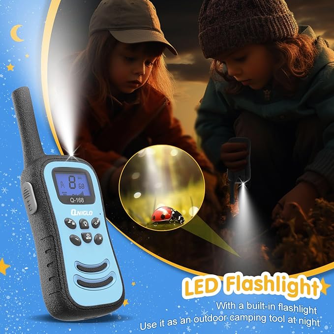 QNIGLO Walkie Talkies for Kids, Rechargeable Walkie Talkies, VOX,2 Way Radios with LED Flashlight, Perfect Outdoor Camping Toys with Lanyard for 3+ Years Old Boys Girls for Hiking Adventures( 4 Pack)