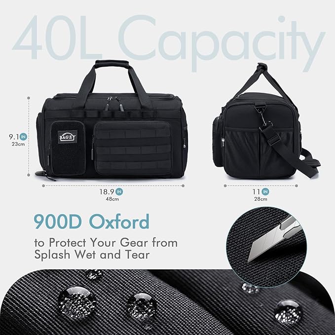 BAGZY Tactical Gym Bags for Men 3 In 1 Travel Duffle Bag 40L with Shoe Compartment Travel Backpack Fitness Weekender Deployment with 1pcs Tactical Toiletry Bag Black