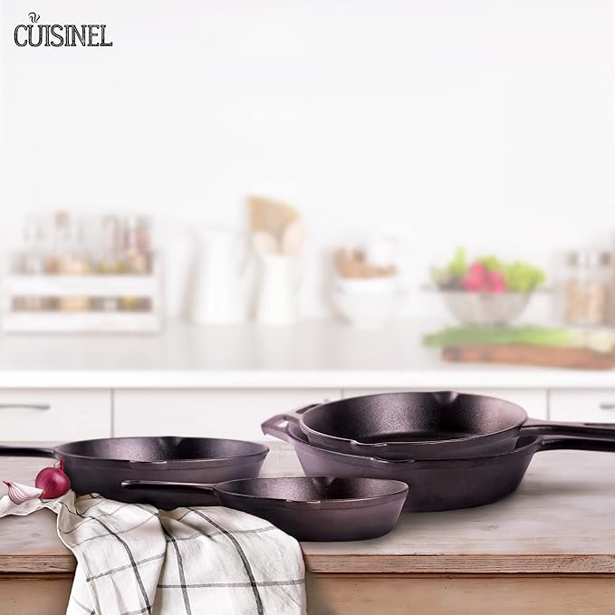 Cuisinel Cast Iron Skillets Set - 4-Piece Chef Pans Kit - 6" + 8" + 10" + 12"-Inch + 4 Silicone Grip Handle Holders - Pre-Seasoned Oven Cookware - Use Indoor/Outdoor, Grill, Stovetop, BBQ, Firepit