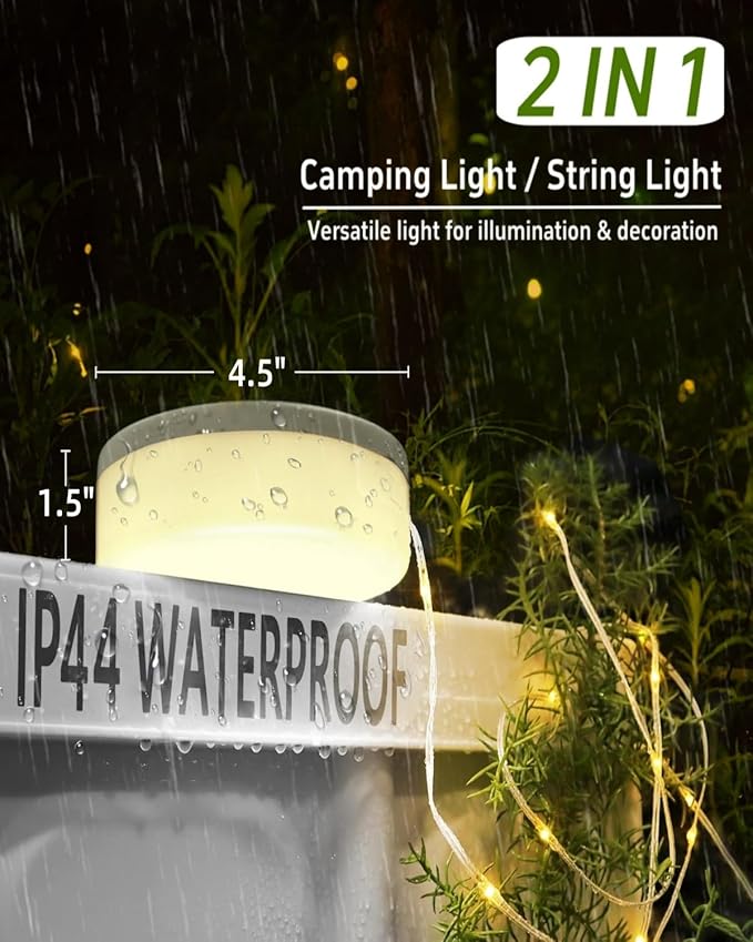 Solar Camping String Lights, 32.8FT Fairy String Lights 130LEDs, 4 In 1 Portable Waterproof Camp Lamp with 8 Mode, Hanging Rechargeable Tent Lantern for Awning Garden Yard Party Christmas Decorations