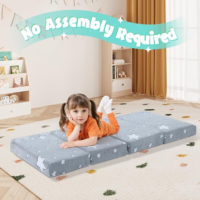 MeMoreCool Foldable Floor Mattress for Kids, Glow Toddler Nap Mat for Sleeping and Daycare, Portable Trifold Futon Mattress Floor Bed, Star