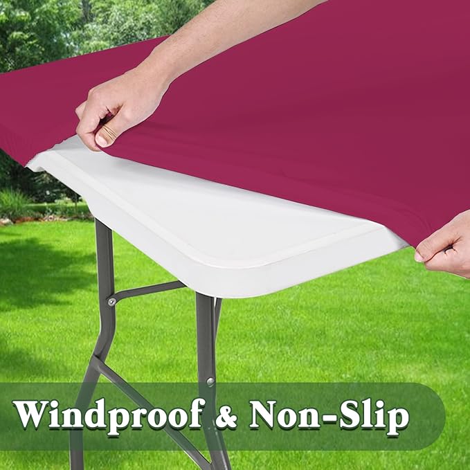 10 Pack Picnic Table Cover Elastic Fitted Outdoor Tablecloths for 8 Foot Rectangle Tables Waterproof Stretch Washable Patio Folding Spandex Table Cloth Camping Banquet Parties (Hot Pink,30" x 96")