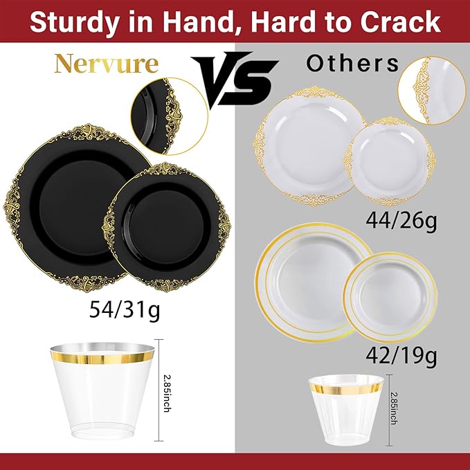 Nervure 175PCS Black Plastic Plates - Disposable Black Gold Party Plates & Pre Rolled Napkins with Cutlery for 25 Guests, 50Plates, 75Silverware, 25Cups, 25Napkin for Wedding & Party & Halloween