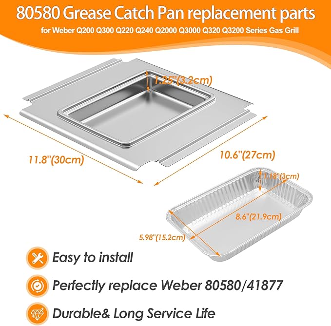 SafBbcue 80580 Grease Catch Pan with 12 Pack Drip Pan Liners for Weber Q200 & Q300 Grill,Grease Tray for Weber Q2000 Q2200 Q200 Q220 Q3000 Q3200 Q240 Q300 Q320 Q2400 394001 Grill Replacement Parts
