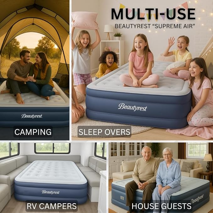 Beautyrest Supreme Air, Full Size Air Mattress with Built-in Pump, Raised Inflatable Bed for Adults, Puncture-Resistant Vinyl, Auto Shut-Off, 650lb Support, Guest Bed, Camping Airbed, 3-Year Warranty