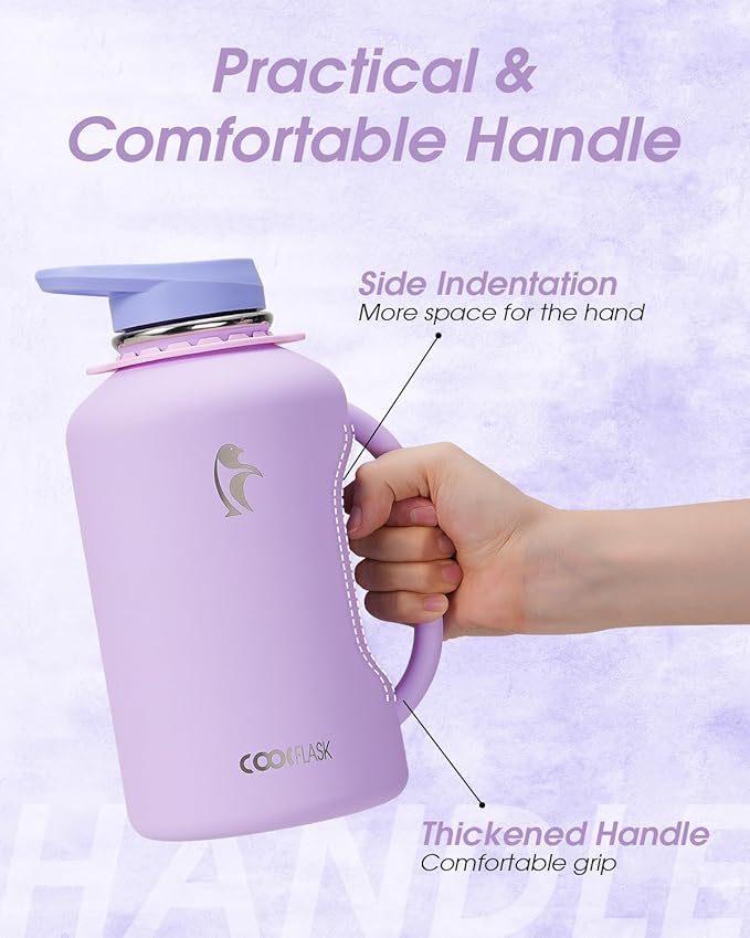 Coolflask Half Gallon Water Bottle with Straw, 64 oz Insulated Stainless Steel Water Jug With Handle Metal Double-Walled Vacuum Large Flask With Strap Leakproof, Keep Cold 48 Hrs Hot 24hrs, Lavender
