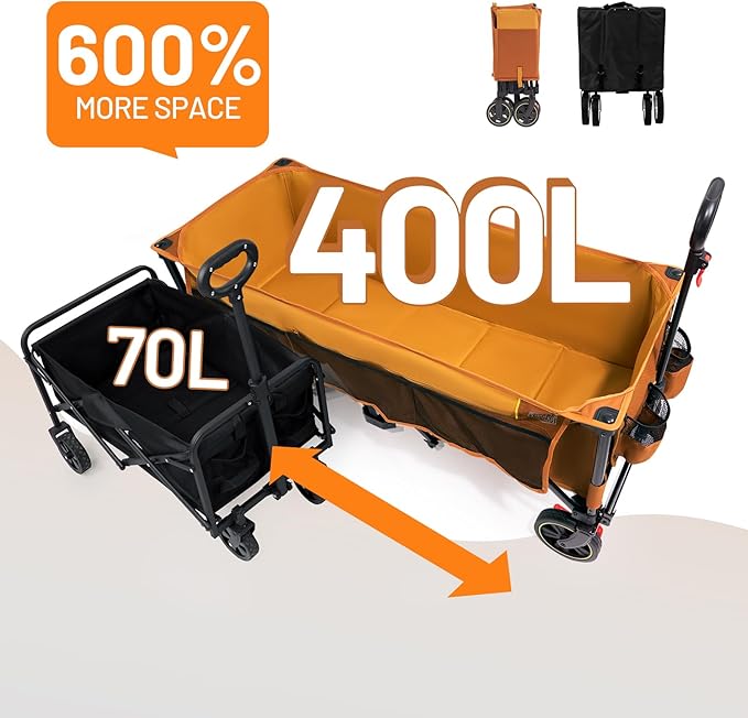 Timber Ridge 51.2'' Extended Collapsible Wagon Cart with Brakes and Cargo Net, 350LBS Heavy Duty Foldable Utility Wagon with Adjustable Handle, 400L Capacity Portable Cart for Camping Sports, Orange