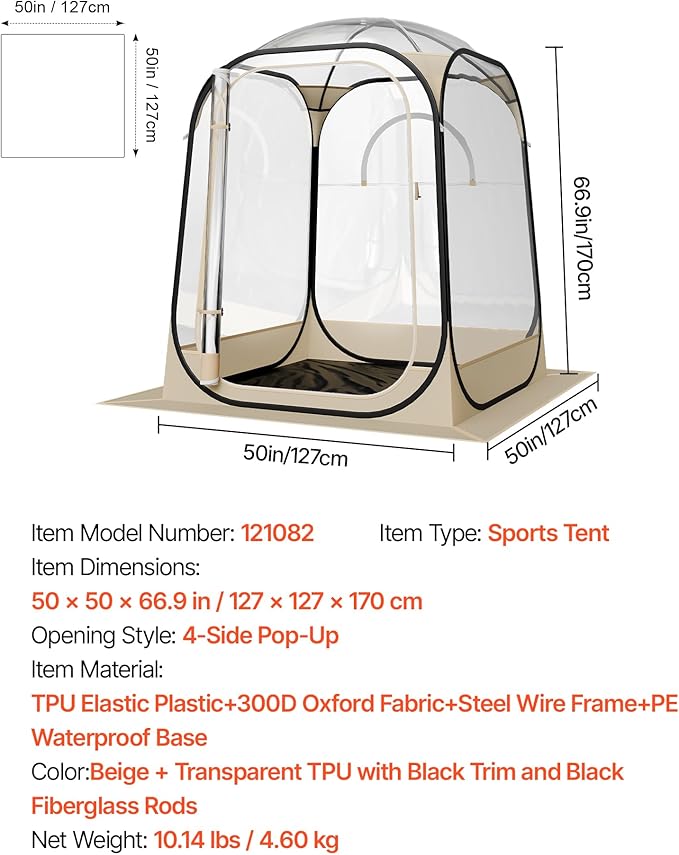 VEVOR Pop up Sports Tent, 4 Sizes Optional Clear Bubble Tent for 1-6 Person, Waterproof Outdoor Pod with Floor Mat & Top Cover, Garden Igloo Dome Tents Camping Shelter for Sports Watching