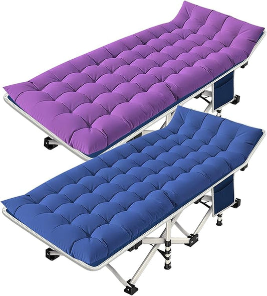 2 Pack Camping Cot with Mattress Comfortable Cot Bed Folding Cot Heavy Duty Blue and Purple Cots for Sleeping with Carry Bag for Adults Kids Guest Bed Outdoor Indoor Home