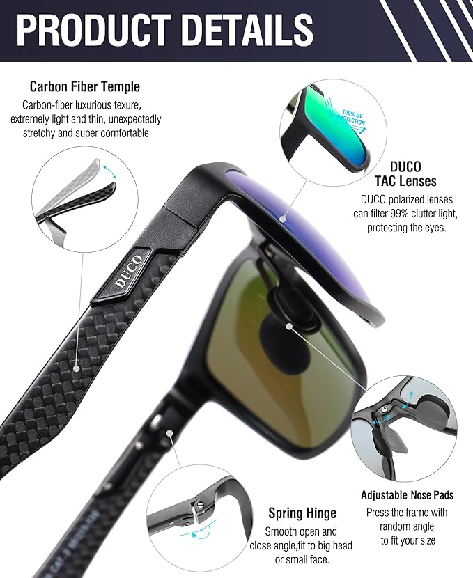 DUCO Mens Sunglasses Polarized Rectangle Sunglass for Men Lightweight Carbon Fiber UV400 Protection 8206
