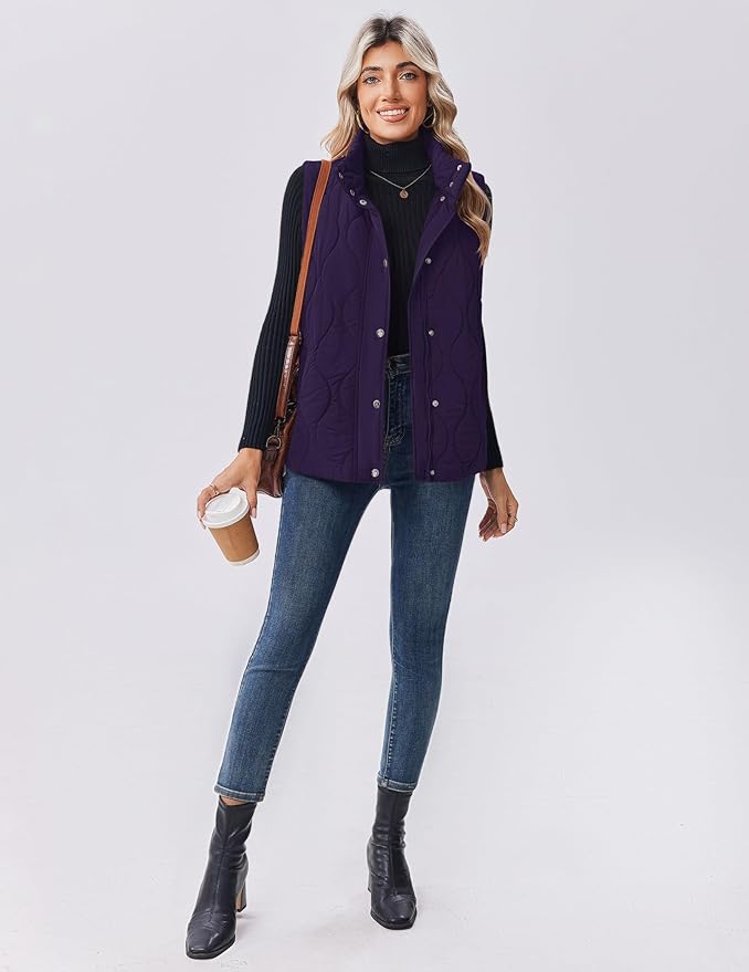 Zeagoo Puffer Vest Women Sleeveless Quilted Jacket Lightweight Snap Zip Up Stand-up Collar Down with Pockets Outerwear