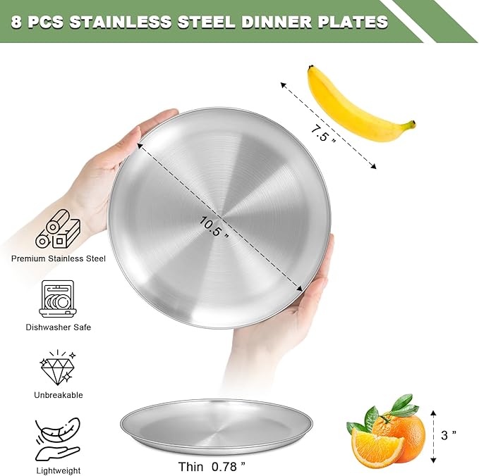 EWFEN 8 Pack Stainless Steel Plate Set, 10 Inch Metal Lightweight Unbreakable Dinner Dishes Plates Set, Round Camping Plates for Serving Dishes Dessert Salad, Non Toxic & Reusable, Dishwasher Safe