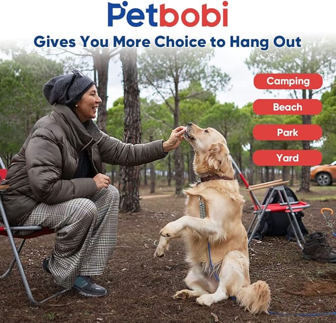 Petbobi Dog Tie-Out Cable and Stake - 40ft Heavy Duty Cable with Spring, No Tangle, 16in Ground Stake, Ideal for Yard, Camping and Beach, Suitable for Medium to Large Dogs Up to 120 lbs, Blue
