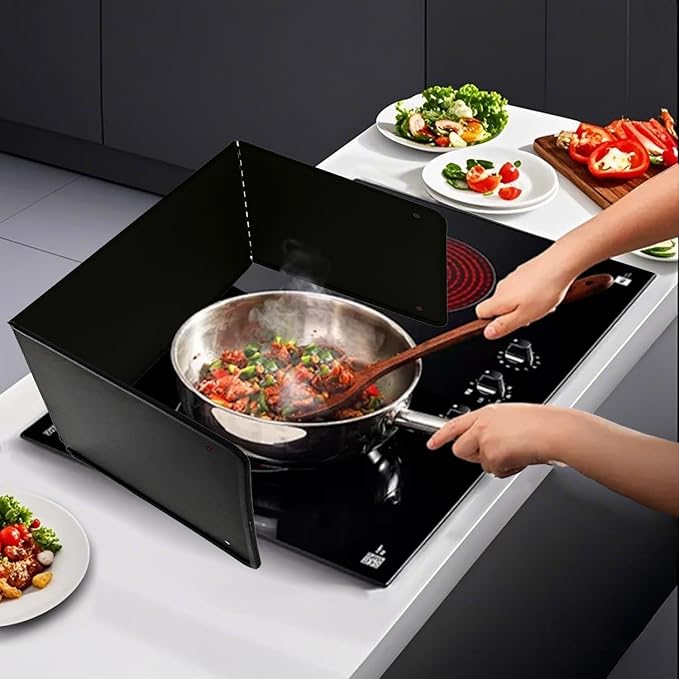 Large 3 Sided Splatter Guard for Frying Stove Top,Oil Splash Guard Cooking for Stove,Non Stick Foldable Splatter Screen for Stove Top (Black)