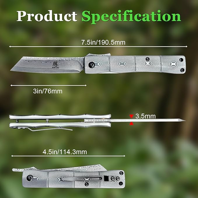 KATSU Handmade Full Damascus Pocket Knife,3" Damascus Blade Bamboo Style Men Women Folding Knife with Clip Linner Lock, Japanese Razor Work Knife with Leather Sheath Camping Hiking