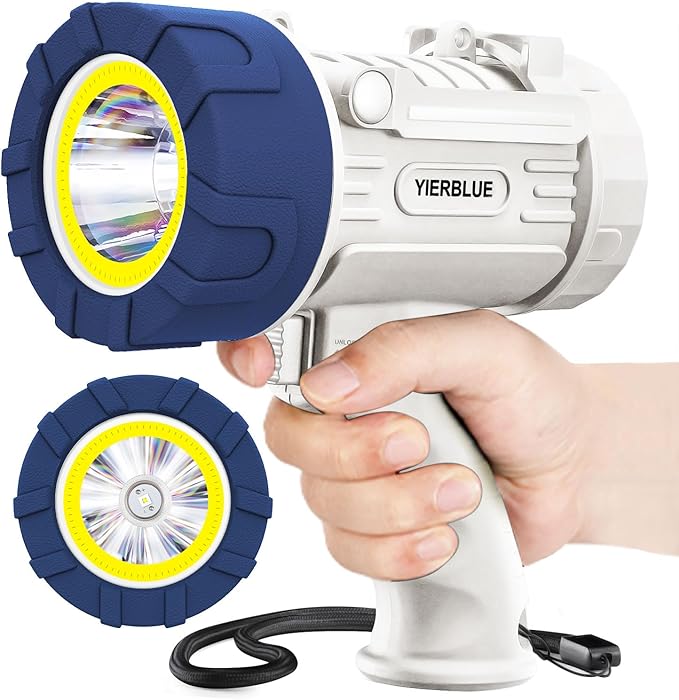 YIERBLUE Rechargeable Spotlight Floodlight Combo High High Lumen LED, IP67 Waterproof Spot Light COB Flood Light, Impact Resistant Handheld Spotlight with Foldable Stand and Red Len