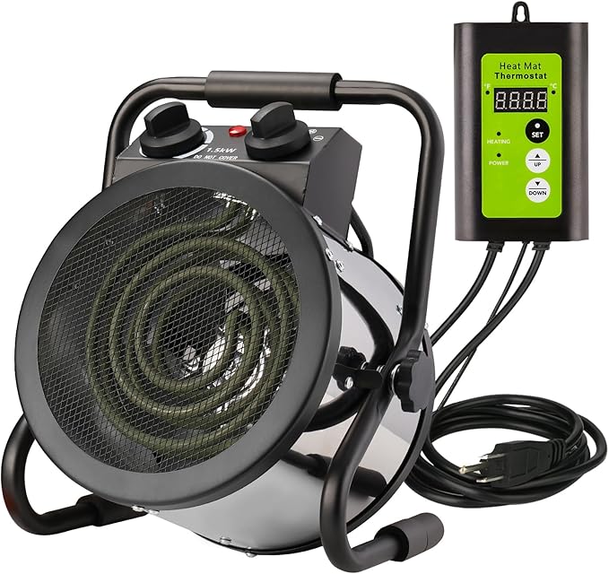 Greenhouse Heater with Digtal Thermostat, 1500W Electric Greenhouse Heaters, Fast Heating with Overheat Protection, Grow Tent Heater for Green House, Outdoor, Patio, Flower Room, Sliver