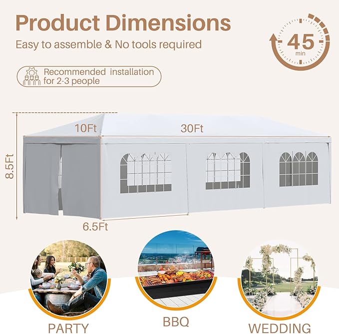 Greesum 10x30 Outdoor Canopy, Gazebo Shelter with 8 Side Removable Walls, Waterproof Shelter for Party Wedding BBQ Events, White