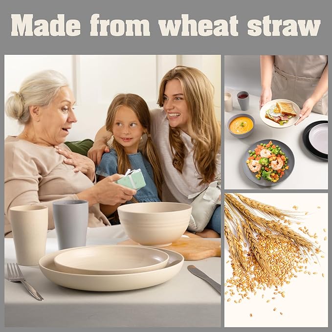 Wheat Straw Dinnerware Sets, 32Pcs Plastic Plates and Bowls Sets for 8, Unbreakable Reusable Wheat Straw Bowls Plates Cups Dishes Set, Dishwasher Microwave Safe, for RV Kitchen Camping