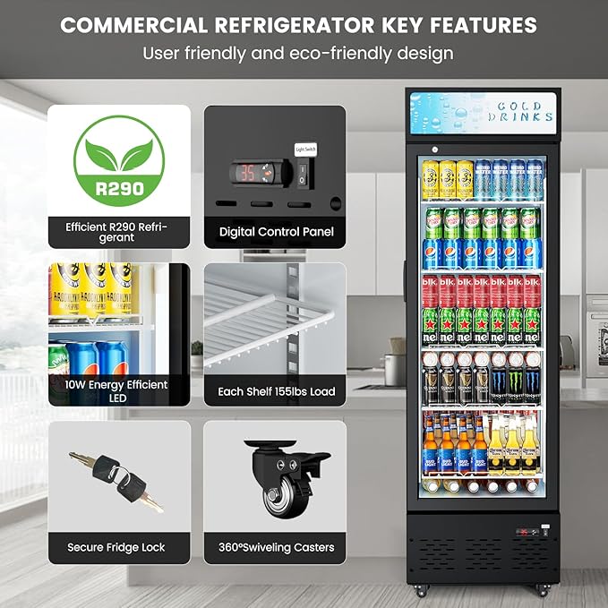Glass Door Refrigerator Commercial Beverage Refrigerators with LED Light, 11 Cu.ft and 5 Shelves, Display Refrigerator for Cafe Restaurant Store Bar