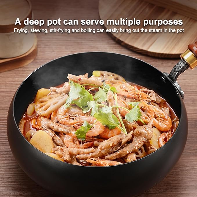 Carbon Steel Wok Pan, 11" Woks & Stir-Fry Pans with Glass Lid Cookwares, Nonstick Wok Flat Bottom Small Handmade Chinese Wok For for All Stoves
