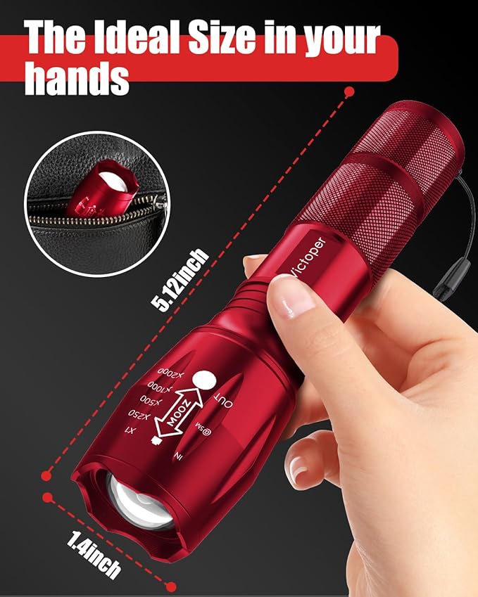 Victoper LED Flashlight 2 Pack Red, Bright High Lumens Tactical Flashlights High Lumens with 5 Modes, Waterproof Zoomable Flash Light for Outdoor, Gifts for Father's Day Camping Essentials Gear