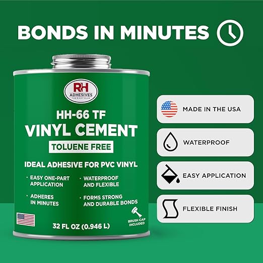 HH-66 Toluene Free Vinyl Cement, 32 oz. can - Vinyl Adhesive, Cement Glue, Repair Glue, Inflatables, Pool Liner, Tarps, Tents, Awnings, Mats, Covers, Waterproof, High Strength, RH Adhesives