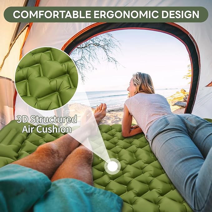 Double Inflatable Sleeping Pad for 2 Person - Ultralight Air Mattress with Built-in Foot Pump, Durable Waterproof Camping Pad for Couples, Backpacking, Hiking