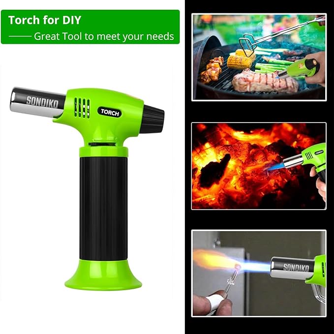 Sondiko Butane Torch Lighter, Refillable Kitchen Torch with Safety Lock and Adjustable Flame for Desserts, Creme Brulee, and Baking, Green