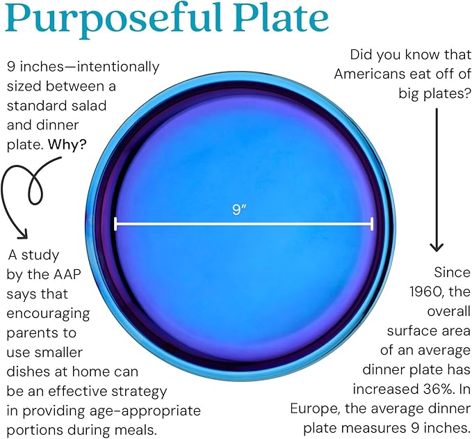Ahimsa Stainless Steel Plates for Kids - 9" Round Blue Toddler Plates, Non Toxic Plate, BPA Free & Dishwasher Safe (Set of 4)