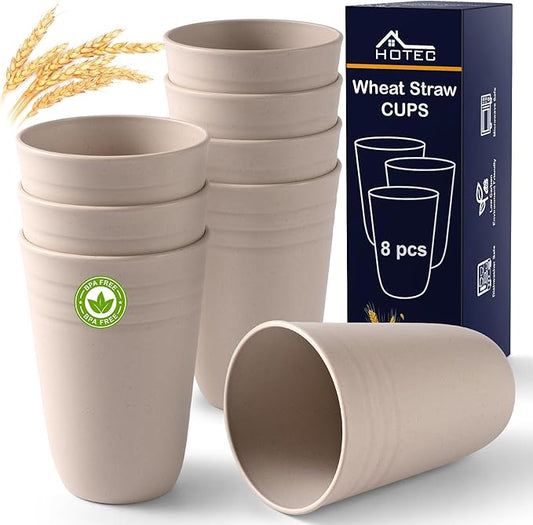 HOTEC 8-Pack 15oz Plastic Cups, BPA-Free Reusable Drinking Cup set, Unbreakable Tumblers, Dishwasher Safe Water Plastic Glasses, Khaki