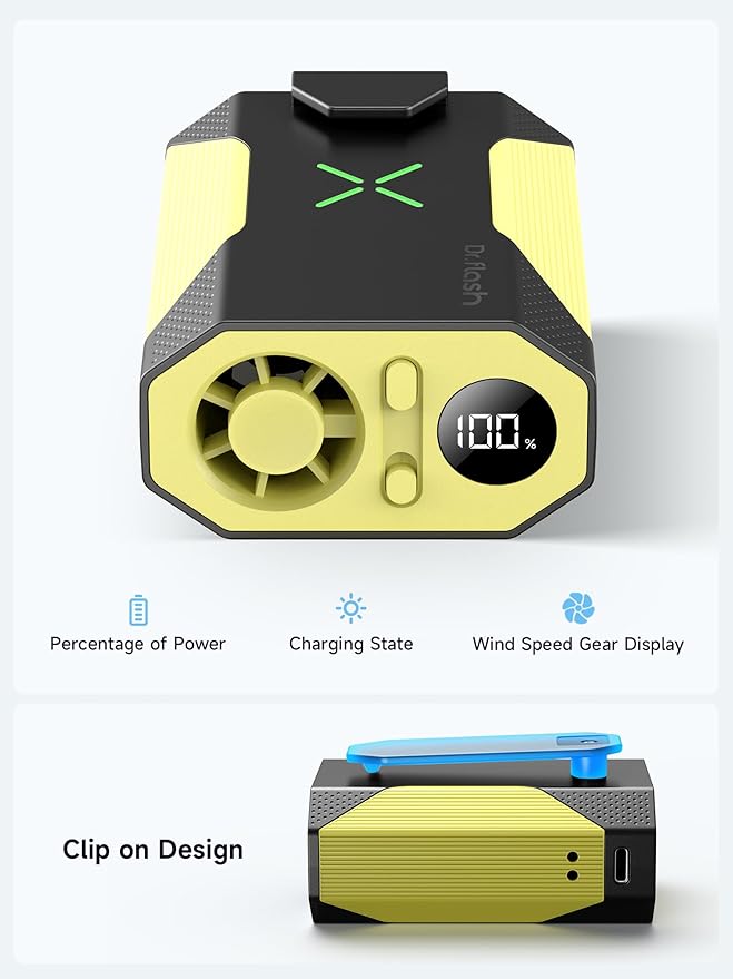 Portable Waist Fan Clip on Belt , 5-Speed Adjustable Wearable Personal Cooling Fans, Rechargeable Battery Operated,Hands-Free Hanging Neck Fan,for Warehouse, Camping, Outdoor,Travel(Black & Yellow)