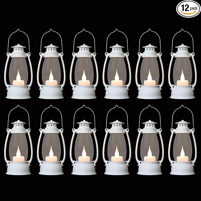 12Pcs Mini White Lanterns for Western Halloween Christmas – 6Inch Candle Lanterns with Flickering LED, Wedding Centerpiece Table Decorations, Camping Decor & Hanging Ornaments for Rustic Party