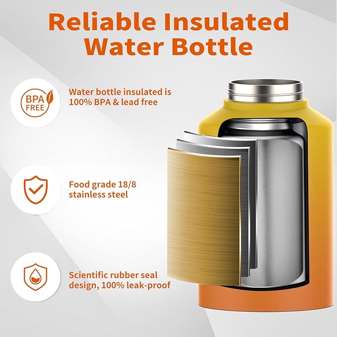 Half Gallon Water Bottle Insulated(Cold for 48 Hrs),BPA Free&Leak Proof,64oz Stainless Steel Water Jug/Flask,Big thermo,Large Water Bottle with Handle for Gym,Hiking,Camping,Gradual Yellow