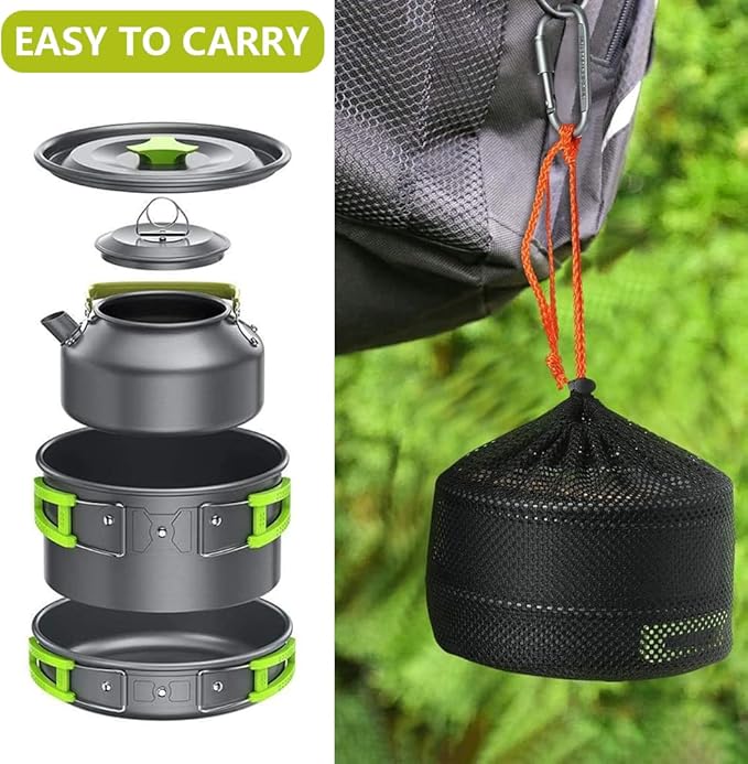 aiGear 3pcs Camping Cookware Mess Kit, Non-Stick Camping Pan Pot Kettle, Lightweight Aluminum, Collapsible Portable Camping Cooking Set for Outdoor Cooking Hiking Picnic