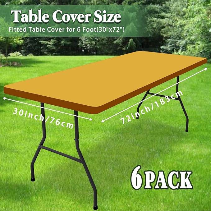 6 Pack 6 Foot Picnic Table Cover Fitted Outdoor Tablecloth for Rectangle Table Elastic Waterproof Stretch Washable Patio Folding Spandex Tablecloth for Camping Banquet and Parties (Mustard,30" x 72")