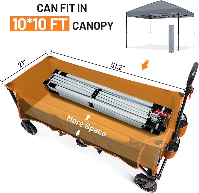 Timber Ridge 51.2'' Extended Collapsible Wagon Cart with Brakes and Cargo Net, 350LBS Heavy Duty Foldable Utility Wagon with Adjustable Handle, 400L Capacity Portable Cart for Camping Sports, Orange