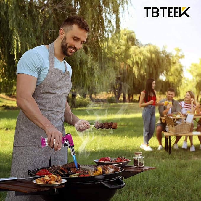 TBTEEK Butane Torch with Fuel Gauge T907, One-hand Operation Kitchen Torch Lighter with Adjustable Flame for BBQ, Baking, Brulee Creme, Crafts and Soldering(Butane Gas Not Included), Pink