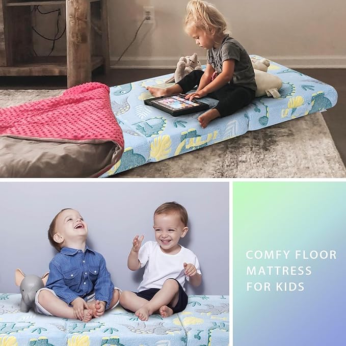 MeMoreCool Foldable Floor Mattress for Kids, Toddler Floor Nap Mat for Sleeping Daycare, Small Child Foldable Mattress Floor Bed, Trifold Futon Portable Tri Folding Mattress, Glow 75x25 Inch