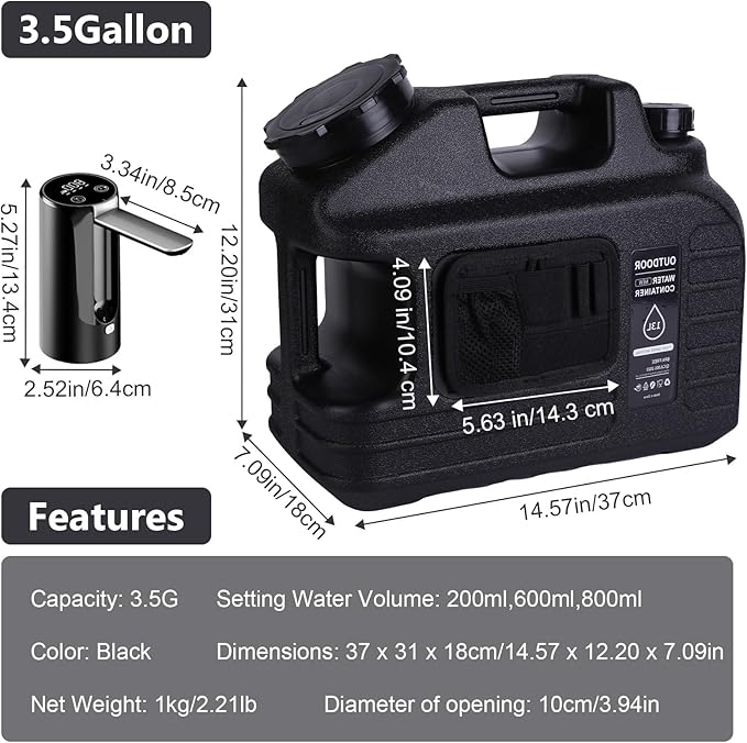 ASIEIT Portable 3.5 Gallon Water Jug with Automatic Touch Control Water Pump, Camping Water Container with Spigot, Type-C Rechargeable, Water Storage for Hiking, Camping, Emergency water storage