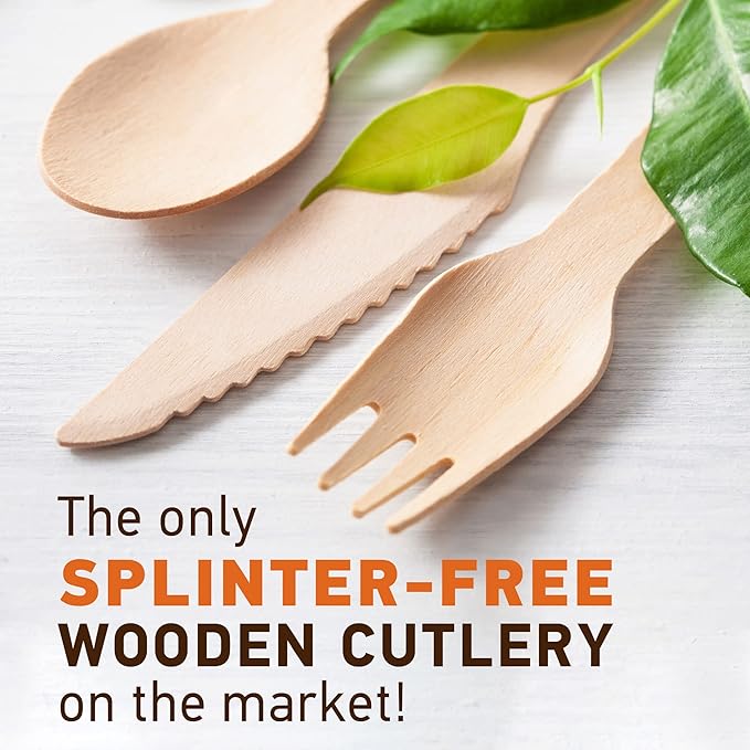 Disposable Wooden Cutlery Set - 300 Count (100 Forks, 100 Knives, 100 Spoons) – Plastic-free Packaging - Biodegradable Silverware and Splinter-free Compostable Utensils for Parties