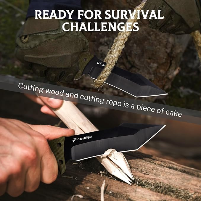 Tanto Camping Knife for Men, D2 Steel Fixed Blade Tactical Survival Knife with Sheath - Compact & Portable for Outdoor Hiking, Bushcraft, G10 Handle - Green
